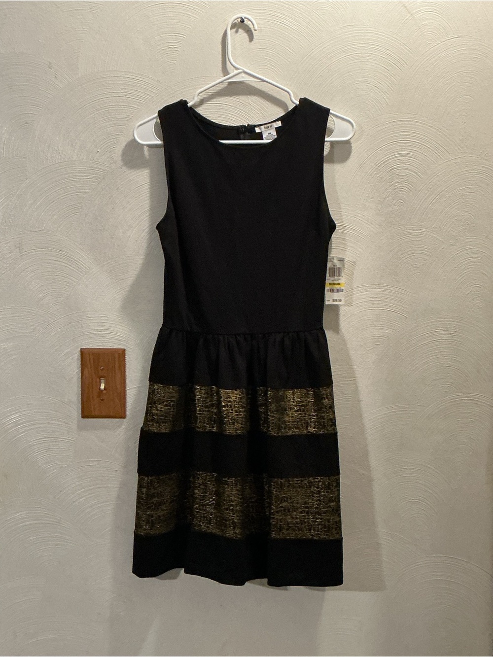 NWT Bar 111 Women’s Black Dress with Gold Textured Stripe Skirt. Size Medium.